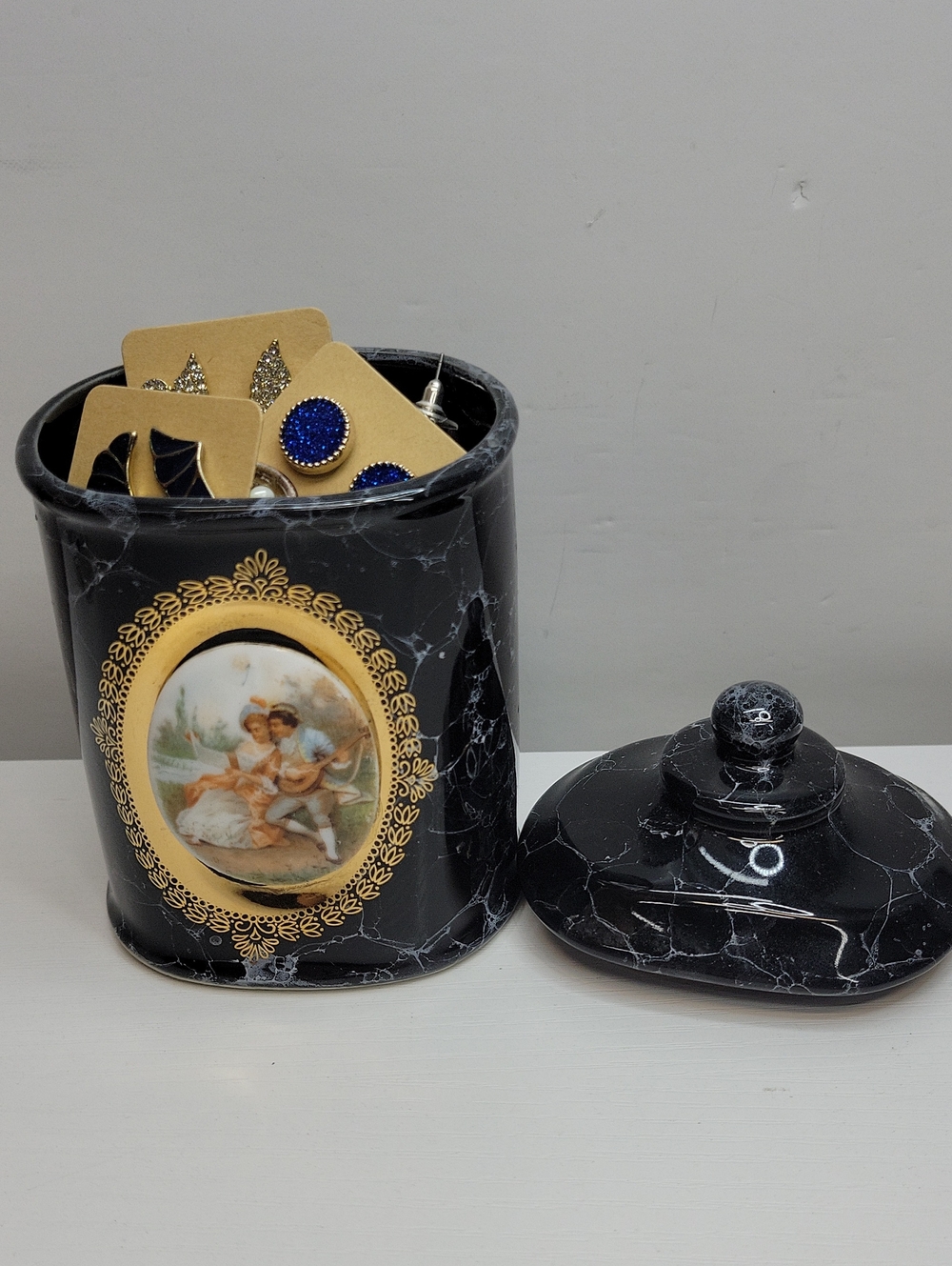 Japan Decorative Trinket Jar with Vintage Medallion Filled With Earrings